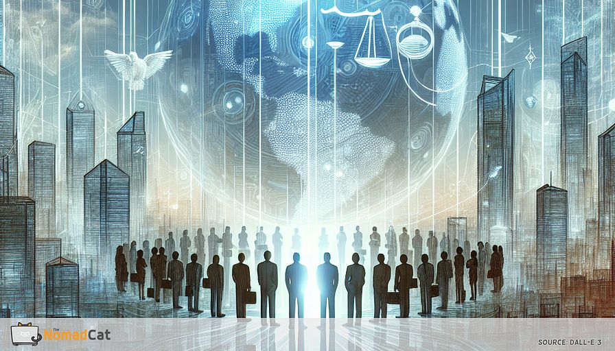 Create an abstract illustration depicting the essence of building digital trust through ethical leadership in the digital age. The scene should feature a futuristic cityscape, with towering skyscrapers representing tech startups, bathed in various shades of blue to symbolize trust and technology. In the foreground, visualize a diverse group of leaders and employees standing on a digital platform, their silhouettes interconnected by strands of light, symbolizing the flow of ethical values and transparency. Above them, a large, semi-transparent digital globe hovers, imprinted with symbols of ethics, like scales and open books, to signify global digital trust. The overall tone should convey a sense of unity, integrity, and forward-thinking vision in the digital world.