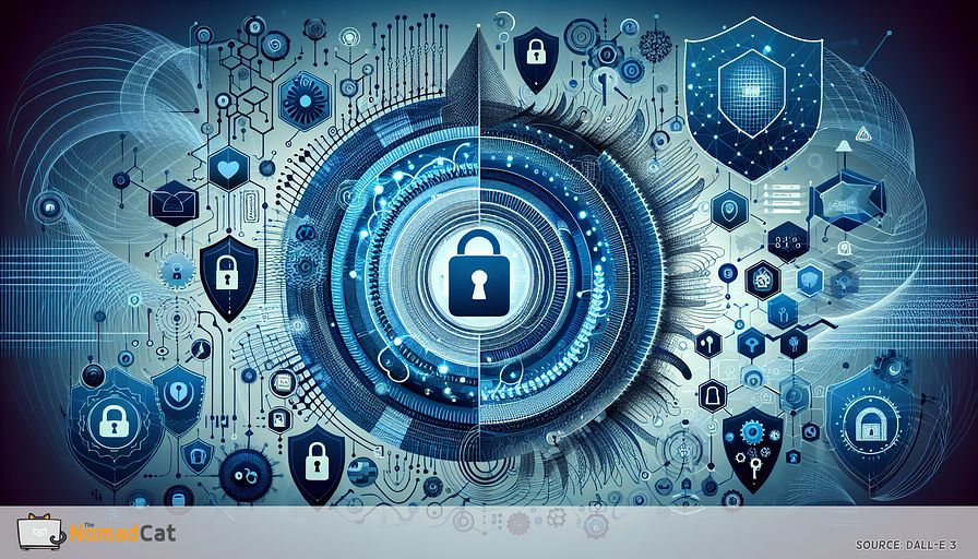 Create an abstract illustration reflecting the concept of comprehensive digital security for businesses and individuals alike in blue tones to symbolize trust and security. Incorporate symbols of encryption such as padlocks or keys, firewalls represented by barriers or shields, and two-factor authentication depicted as two tiers or steps. Include abstract designs to hint at cutting-edge security protocols and Virtual Private Networks, visualized as interconnected networks and secure passages. Indicate the evolving nature of cyber threats like phishing attacks with spiraling patterns. Use interconnected circles or nodes to signify a robust and secure digital ecosystem, embodying the essence of digital trust.
