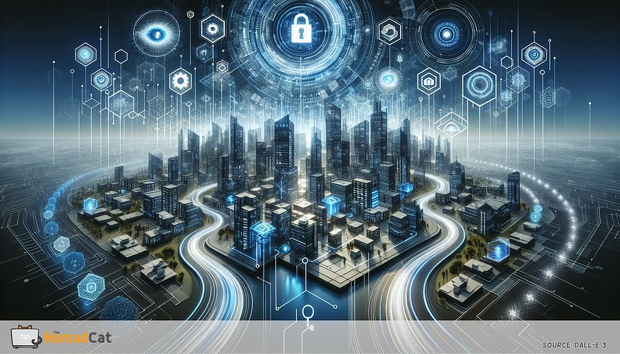 Compose an image that visualizes an abstract representation of a futuristic cityscape manifesting digital trust in an enterprise context. Use mainly shades of blue. This cityscape should be distinctive with conventional structures being replaced by cybersecurity symbols like shields, keys, and digital padlocks, intertwined with data protection components such as scrambled data flows and secure cloud storage systems. The skyscape should encapsulate blockchain technology with interconnected blocks forming a protective sphere over the town. The Zero Trust security paradigm is embodied via vigilant eyes embedded within the town's infrastructure, exemplifying the 'never trust, always verify' stance. Ensure roads leading towards the city are prominent, epitomizing the journey tech leaders take to boost cyber resilience and data integrity, creating a transparent environment where digital trust thrives. The overall ambiance should exude safeguarded harmony and confidence, reflecting the essential equilibrium between innovation and privacy in the digital era.