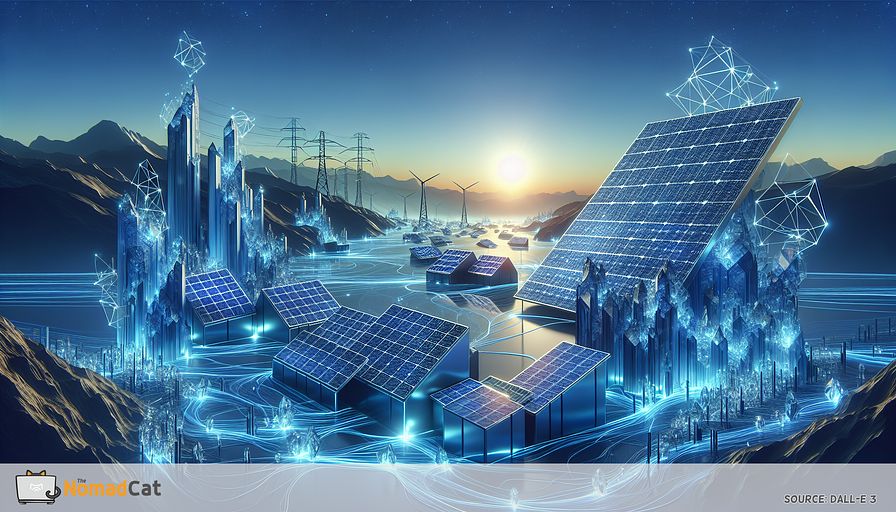 Illustrate an abstract, futuristic landscape dominated by shades of blue, symbolizing the evolution of solar power technologies towards a sustainable future. In this visionary scene, incorporate elements that represent the broad spectrum of solar advancements. Imagine perovskite solar cells with a crystalline structure, gleaming under a soft, blue sky, their surfaces reflecting a spectrum of lighter blue hues, symbolizing their high efficiency and low-cost nature. Nearby, visualize innovative solar storage solutions, depicted as sleek, geometric shapes that emit a gentle, pulsating blue light, indicating a steady power supply even in the absence of sunlight. Integrate into this landscape smart grids, visualized as intricate networks of flowing, neon blue lines that connect the various technologies, embodying the seamless integration of artificial intelligence in managing solar energy distribution. This abstract illustration should not only capture the essence of the article's discussion on solar power's pivotal role in addressing global energy crises but also evoke a sense of optimism and futuristic allure, highlighting the technology's increasing affordability, reliability, and accessibility across diverse sectors.
