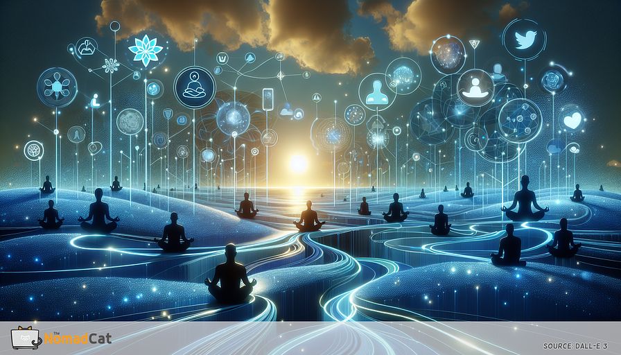 Visualize a serene and abstract digital landscape, dominated by soft blue tones, symbolizing the tranquil and supportive nature of mental health technology. In this landscape, imagine a network of glowing, interconnected pathways that represent various mental health apps and platforms, each path flowing smoothly and branching out to reach individuals represented by ethereal, silhouetted figures. These figures are diverse in posture, some meditative, others in contemplation, illustrating the range of users these apps support. Above this digital terrain, conceptualize a series of floating, ethereal bubbles, each encapsulating symbols of meditation, communication, and healing (e.g., a lotus for meditation, a chat bubble for therapy sessions, and a heart for emotional well-being). The entire scene is enveloped in a warm, comforting glow, emphasizing the accessibility and warmth of these virtual support systems. Include a distant horizon where the digital and the natural world blend, symbolizing the seamless integration of technology and mental wellness into everyday life. Ensure the illustration conveys a sense of peace, innovation, and connectivity, highlighting the revolutionary role of technology in democratizing and personalizing mental health care.