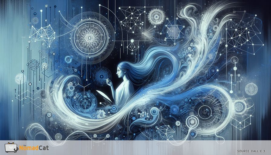 Create an abstract illustration predominantly in blue tones that embodies the art of mastering R programming for data science. There should be a central figure, a Caucasian female data scientist, surrounded by flowing, wispy streams of data and geometric shapes symbolizing intricate data structures. In the backdrop, project interconnected nodes and networks, symbolizing the extensive package ecosystem of R. Include subtle elements like gears or clockwork, representing the concepts of efficiency and optimized performance. The overall aesthetic of the illustration should convey a harmonious balance between power and responsibility within the field of data science.