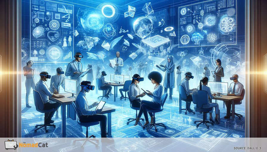 Envision a future-focused, abstract setting where a diverse group of designers and engineers are fully engaged in a lively, dynamic office or workspace teeming with floating, holographic blueprints and models illuminated in hues of blue. A Caucasian woman, an African man, a Hispanic man, and a Middle-Eastern woman are among the professionals, utilising VR headsets and AR glasses, interacting with these designs and enhancing and perfecting structures and items in real time. The surrounding environment should be steeped in soft blue tones and digital components oscillating in harmony, signifying the flawless fusion of virtual and augmented reality in the creative process. This illustration seeks to seize the quintessence of innovation and the boundless opportunities in design, epitomising the transformative impact of VR and AR technologies on the path of future product and environmental design.