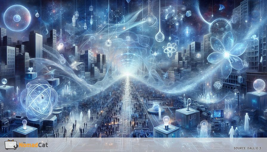 Imagine a future-oriented, abstract scene filled with shades of blue, encapsulating the vast, untouched possibilities of quantum computing. Ghostly qubits float amidst intricate quantum algorithms, creating a mesh of complex, harmonious connections signifying breakthrough applications in diverse fields such as cryptography, finance, pharmaceuticals, and more. In contrast, classical computing is represented by an outdated cityscape in the distance, overshadowed by quantum progression. The notion of secure communication is conveyed through ethereal keys and locks formed of pure light, embodying quantum key distribution. The scene's front is filled with a mix of individuals of different genders and descents, symbolising technology leaders and innovators working together to navigate this quantum terrain, guided by shining light beams signifying education and knowledge dissemination. This depiction not only marks the shift towards quantum supremacy but also underlines the potential of quantum computing to transform industries and stimulate future development. The abstract layout, intensified by the omnipresent blue, encapsulates the narrative's core message of embracing the transformative power of quantum computing.