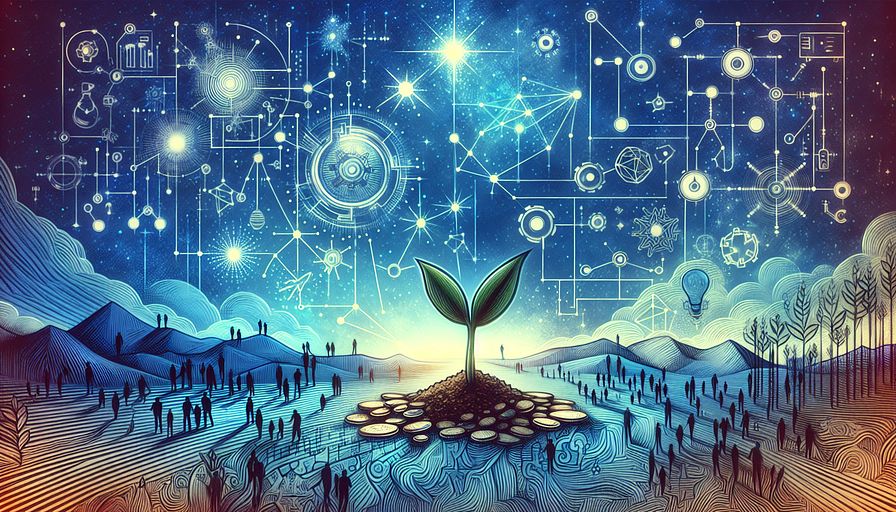 Visualize an abstract illustration that captures the essence of launching a tech startup with minimal capital. Imagine a vibrant, blue-toned landscape that represents a vast, unfurling blueprint. At the heart of this blueprint, depict a small, yet bright and determined, seedling sprouting from a pile of coins, symbolizing the birth of a tech startup through bootstrapping. Surrounding this entrepreneurial seedling, illustrate various abstract, interconnected gears and circuits, representing open-source technologies and lean startup methodologies. These elements should merge seamlessly with the landscape, embodying the strategic and efficient use of minimal resources. Above, sketch a constellation in the form of a feedback loop, symbolizing the crucial role of early customer feedback and rapid iteration based on real-world usage. Along the horizon, draw faint silhouettes of Hispanic, Black, Asian and Caucasian people reaching out to each other, symbolizing the networking with mentors and potential investors. Ensure the overall atmosphere radiates a sense of possibility, innovation, and meticulous planning, all immersed in calming shades of blue to convey the concept of growing a tech business from the ground up on a shoestring budget.