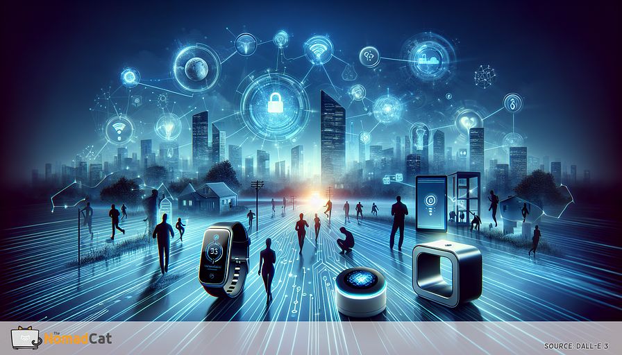 Visualize an abstract representation of the transformation of daily life through the integration of smart devices, using cool blue tones to convey a sense of innovation and connectivity. Imagine a scene where the foreground is occupied by a variety of smart devices — a sleek smartwatch displaying health metrics, a smart thermostat adjusting the temperature, and a secure smart door lock — all connected by glowing, ethereal lines that symbolize the Internet of Things (IoT). Beyond these devices, in the middle ground, silhouettes of people interact seamlessly with their environment, their activities enhanced by the intuitive use of technology. In the background, abstract figures representing technology leaders, such as Directors of Technology and Chief Technology Officers, are seen as guiding forces, with their outlines merging into a visionary horizon. This scene should encapsulate the essence of a more intuitive, automated lifestyle supported by smart devices, emphasizing the strategic vision required to navigate this technological shift. The overall atmosphere should evoke a sense of calm efficiency, security, and enhanced quality of life, all illuminated in serene shades of blue, symbolizing the vast potential and innovative spirit of smart device technology.