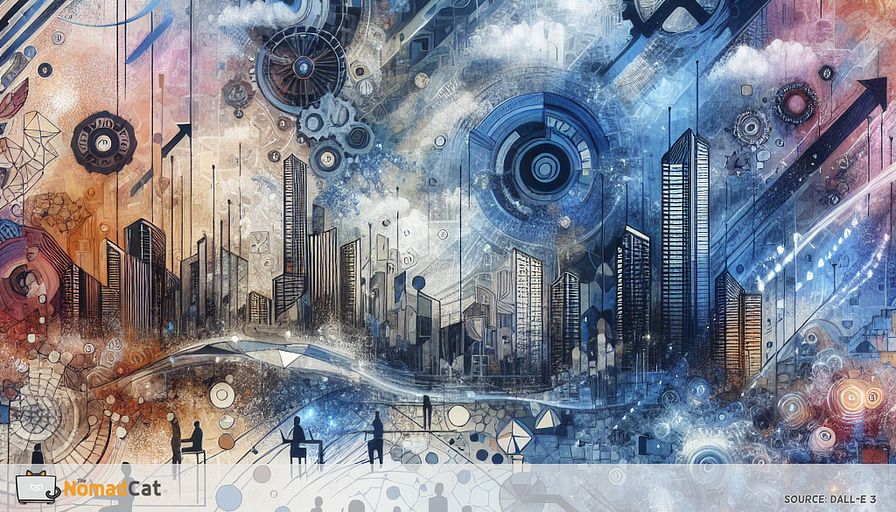 Create an abstract illustration that captures the essence of thriving startups in a world of resource constraints. Visualize a dynamic cityscape of startups represented by interconnected geometric shapes and lines, symbolizing collaboration and innovation. Use a palette dominated by various shades of blue to evoke a sense of calm and focus amidst the bustling energy. Incorporate elements like gears and data streams to represent the innovative use of data mining tools and cloud solutions. Highlight small, agile teams through abstract human figures seamlessly blending and interacting with the environment. Convey the transformation of challenges into opportunities with subtle hints of growth and expansion, such as upward-moving arrows or blooming patterns.