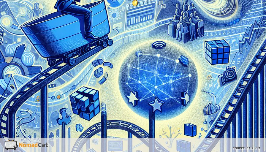 Create an abstract illustration in shades of blue, depicting a tech executive balancing on a rollercoaster ride through a complex maze of EU regulations. The scene is filled with symbolic representations of data privacy (GDPR) and work-life balance (Right to Disconnect). Visualize the GDPR as a protective shield formed by interconnected data streams, reflecting transparency and accountability. For the Right to Disconnect, illustrate a serene bubble of personal time, untouched by work communications, hovering above a bustling tech environment. Include elements like a Rubik's Cube and a sock to symbolize the challenges of solving regulatory puzzles and achieving harmony. The overall atmosphere should convey the dynamic tension and potential harmony in balancing innovation with compliance.