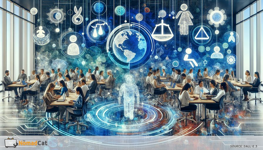 Imagine an abstract and futuristic workspace bustling with South Asian women, Hispanic men, Black disabled individuals, and Caucasian non-binary people, all amiably engrossed on trailblazing tech projects. The entire milieu is awash in varying shades of blue to express peace and integration. Floating holographic symbols, a globe for diversity, a balance scale for equity, and an encompassing circle for inclusion, hover above them. In the backdrop, symbolic depictions of technology such as circuit diagrams and digitized waveforms blend smoothly with natural components, insinuating a balanced fusion of innovation and humanity. Abstract figures symbolizing guidance and nurturing the DEI culture within this futuristic tech milieu spectate from above. The whole composition is emphasized by a vibrant network of interwoven lines and nodes, embodying the interconnectedness of all elements within this model, inclusive workspace.