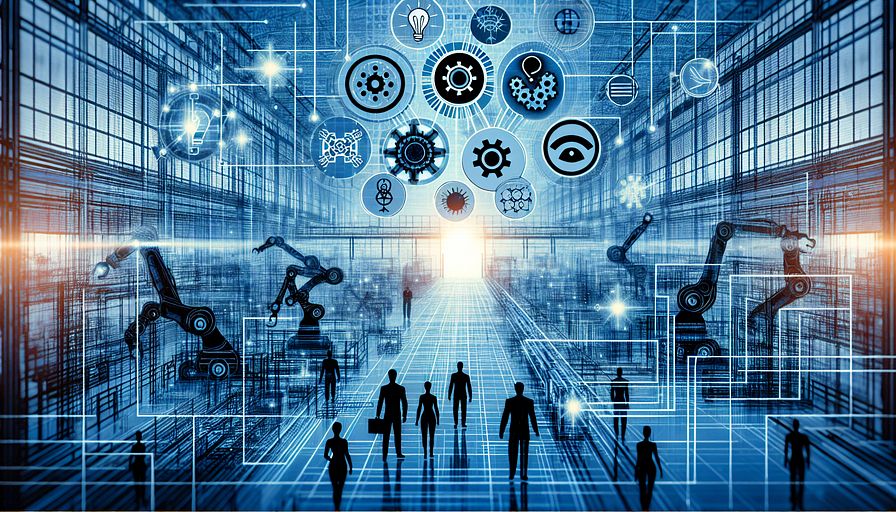 Craft an abstract blue-toned image that demonstrates the seamless interplay between computer vision and industrial automation in a manufacturing environment. It should display how robotics, guided by advanced vision systems, boost efficiency and safety. Incorporate symbols that signify the role of AI in improving system performance, foreseeing maintenance needs, and enabling predictive analytics. Feature abstract depictions of the key people steering this digital revolution, such as male and female Technology and Engineering Directors of middle-Eastern and Asian descent respectively, leading the incorporation of these forefront technologies. The emphasis should be on the theme of innovation and hardening manufacturing organizations for future challenges, imparting feelings of empowerment, growth, and enduring success.