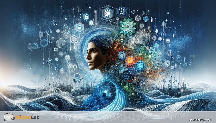 Create a detailed abstract representation of a South Asian female Chief Technology Officer as a central figure, embodying human creativity and technology. She is situated in the heart of a futuristic landscape, demonstrating the blend of technical skill and business sense. The surroundings flourish with representative elements of scalable systems and advanced technologies imagined as unique flora, each part corresponding to innovation and competitiveness. Subtle background touches should suggest cybersecurity, an interlinked network of various talents under her guidance, and bridges made from binary code signifying the connection between tech departments and business units. High above float symbols of tech policies and standards, indicating her role as an industry thought leader. Immerse the entire scene in multiple shades of blue, suggesting serene command and predictive insight.