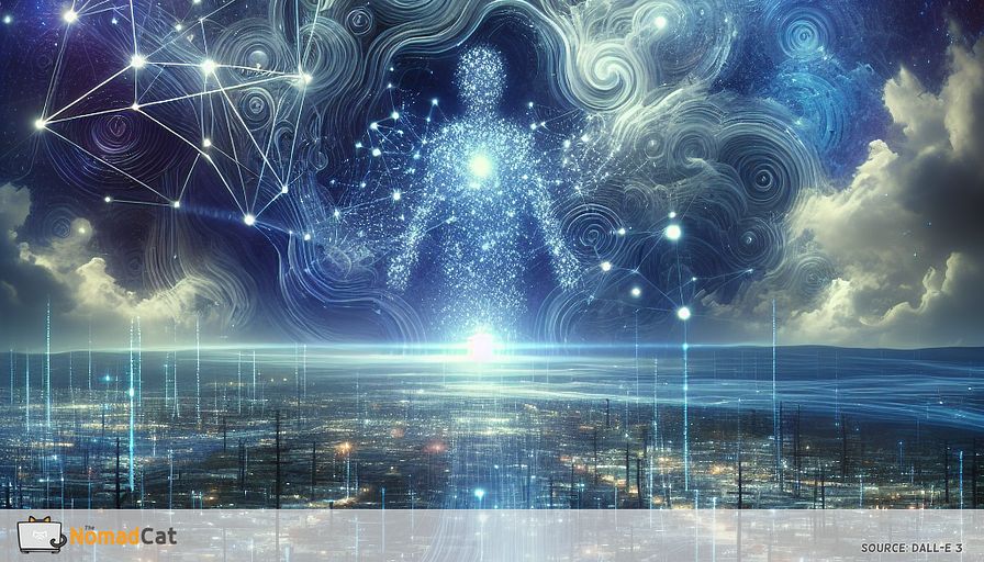 Create an abstract illustration that captures the essence of AI-driven predictive maintenance revolutionizing energy grids. Imagine a serene landscape where an intricate web of energy lines weaves through a cityscape, pulsating with a dynamic blue glow. At the heart of this network, an ethereal presence of AI algorithms, represented by swirling, luminescent patterns, anticipates and redirects potential disruptions, ensuring a seamless flow of energy. In the background, a collage of digital data streams forms a gentle, cascading waterfall of information, symbolizing the constant analysis and adaptation of AI. This scene is set under a tranquil, starry sky, where constellations subtly mirror the interconnected grid below, evoking a sense of harmony and stability, highlighting the transformative power of AI in creating a reliable and efficient energy future.
