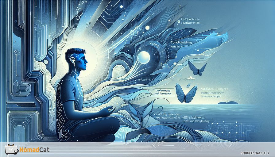 Visualize a calming, blue-toned, abstract illustration oriented towards the concept of Virtual Reality (VR) therapy revolutionizing mental health care. Let's see an individual — a male of South Asian descent — immersed in a serene and controlled environment, symbolizing safety and empowerment. Illustrate elements that embody confronting fears and establishing coping mechanisms within this digital realm. Weave in symbols that metaphorically represent innovation, tech leadership, and ethical VR use — maybe in the form of abstract circuitry or digital landscapes. Depict the role of technology and engineering leaders (a female Hispanic figure) to suggest careful direction and creation of these immersive therapeutic experiences. The overall image should breathe a sense of hope, healing, and advanced technology.