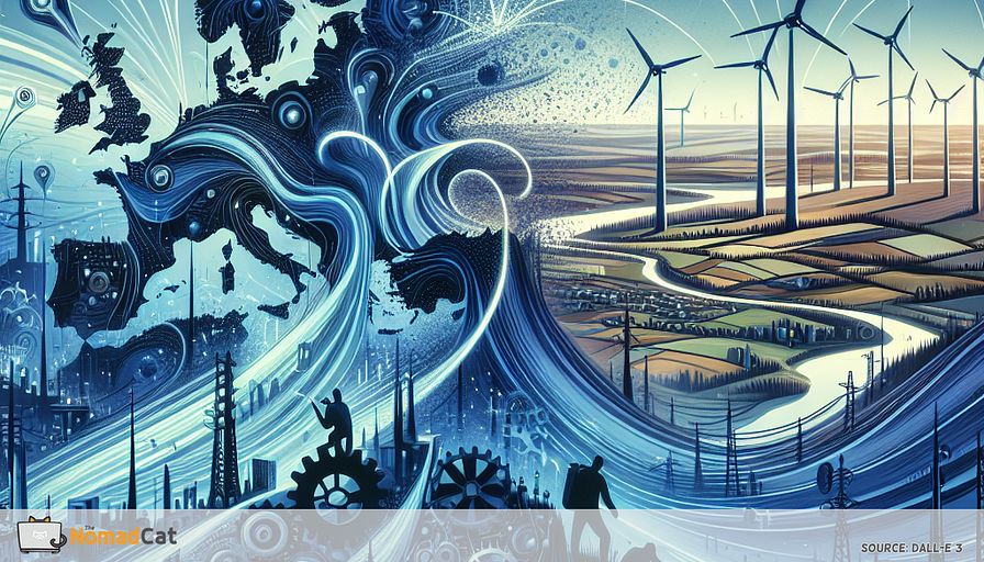 Create an abstract illustration that visualizes the dynamic landscape of startups navigating Europe's 5G environment. In the foreground, depict a stylized map of Europe with swirling, abstract lines representing 5G connectivity, emanating from Western and Scandinavian regions in vibrant blue hues, symbolizing advanced progress. Contrast this with softer, muted blues in Southern and Eastern areas to indicate slower development. Integrate abstract elements like gears and digital nodes to symbolize technological innovation and regulatory challenges. Include silhouettes of startup figures climbing and maneuvering through this terrain, showcasing their strategic navigation through opportunities and obstacles. Add subtle hints of futuristic cityscapes and rural landscapes in the background to emphasize the varied infrastructure. Use a predominantly blue color palette to convey a sense of technological advancement and interconnected innovation.