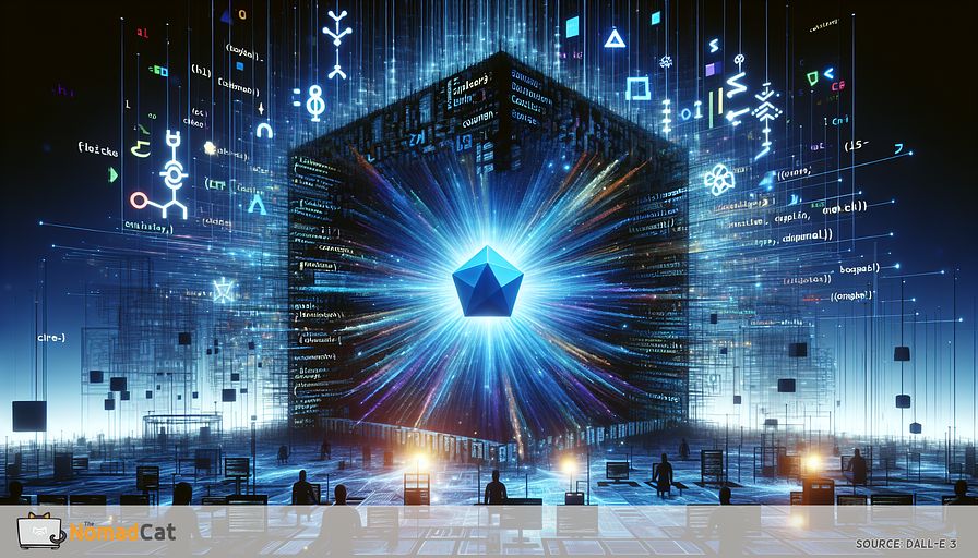 Imagine an abstract digital realm where countless symbols from coding languages, such as C++, Rust, and Python, merge into a vibrant, core structure symbolizing WebAssembly. This edifice functions as a beacon for creativity, radiating bright blue pulses of energy that symbolize speed and versatility. Silhouettes of unidentifiable tech pioneers collaborate in harmony, their innovations fueling the WebAssembly-structure's illumination. The surroundings showcase a sci-fi cityscape, with frameworks like Blazor and Unity personified as interconnected nodes, demonstrating a flawless, cross-platform network. The theme of efficiency and novelty in web development should be the focus, using a color scheme of deep blues, brilliant cyans, and intense indigo to suggest a sensation of advanced technology and progressive thinking.