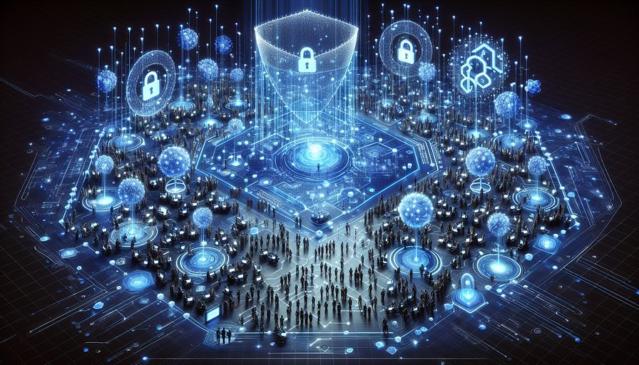 Illustrate an abstract, futuristic landscape depicting the digital world as a vast, interconnected network of glowing blue nodes and data streams. In this landscape, some nodes are fortified with multiple layers of shimmering blue shields, symbolizing robust encryption and multi-layered security measures. Integrating visual elements that represent two-factor authentication, such as paired keys or dual locks, blending seamlessly with the network. Throughout this digital terrain, small groups of figures diverged by gender and descent like Hispanic females, Middle-Eastern males etc., each huddled around glowing screens or holograms, engaged in active learning and discussion about emerging threats, illustrating ongoing education and training. Above this scene, a massive, translucent shield envelops the entire network, signifying overarching protection and adherence to privacy regulations. The overall atmosphere should convey a sense of strength, vigilance, and preparedness, capturing the essence of a proactive approach to data security in the abstract visual language of blue tones.