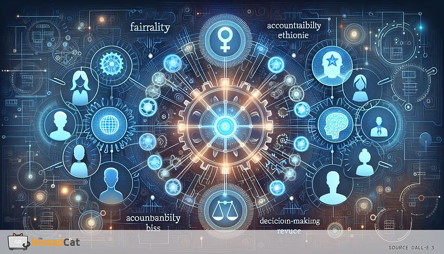 Create an abstract illustration in shades of blue representing the incorporation of moral values in AI advancement. Visualize a futuristic, interconnected network of cogs and wires denoting different sectors, with AI conspicuously entwined. Embellish the gears with soft, radiant icons embodying fairness, accountability, and trust. Illustrate an ensemble of characters - Caucasian female tech leadership, Hispanic male ethicist, Black female engineer, and Middle-Eastern male engineer cooperating around an illuminating AI core that emanates transparency. The backdrop should consist of faint, fluent lines representing algorithms and decision-making routes, subtly underlining bias reduction. The scenario should signify a harmonious equilibrium between high-tech and ethical oversight, epitomizing a proactive stance towards responsible AI development.