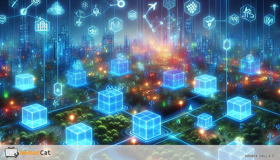 Create an abstract illustration that captures the essence of blockchain technology revolutionizing carbon offsetting and renewable energy. Imagine a futuristic, interconnected landscape where transparent blue digital blocks form a vast network across a vibrant, sustainable environment. Each block represents a carbon credit transaction, seamlessly integrated into everyday activities like shopping and energy use. Visualize startups as small blue-toned beacons of innovation, lighting up this network with symbols of trees, solar panels, and eco-friendly tokens. The scene should convey a sense of harmony and seamless interaction between technology and nature, emphasizing the transparency and traceability that blockchain provides in the pursuit of environmental sustainability.