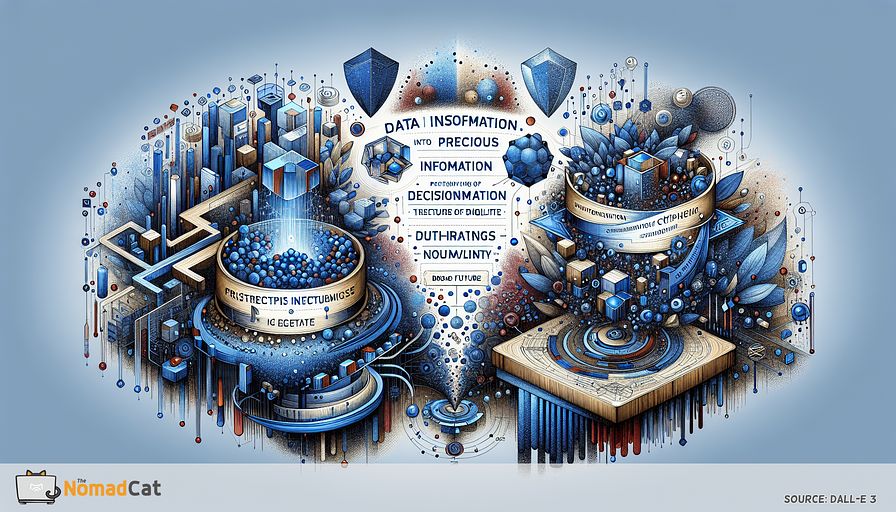 Craft an abstract illustration showcasing the transformation of data into precious information within a digital domain, utilizing shades of blue to express its crucial role in decision-making and novelty. Visualize data as primitive, raw particles at the beginning, progressive getting more structured and significant as they journey through various abstract, futuristic networks, and systems symbolizing data refining. Incorporate elements that suggest protection and integrity of this data flow, such as shields or cryptic pathways, merging into a network that symbolizes the current state and broad future of digital technology environments. This should highlight the central role of information in propelling innovations and strategic choices in a world assisted by AI and cybernetics.