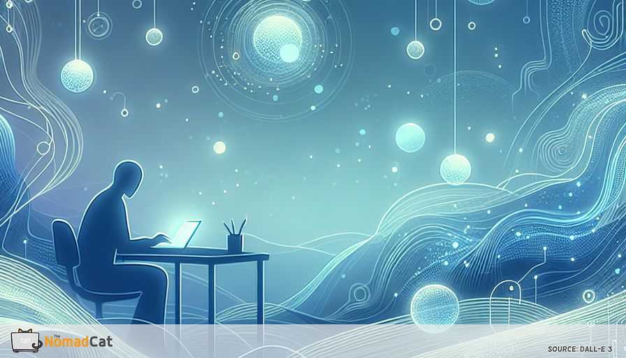 Create an abstract digital illustration in soothing blue tones to represent the subtle power of micro-rituals and micro-connections in solo tech work. Visualize a solitary figure at a desk in a calm, minimalist workspace, surrounded by gentle, flowing lines and soft, glowing orbs that float through the air—each orb symbolizing a small digital interaction (like emojis, messages, or virtual waves). The background should fade into gradients of blue, evoking both tranquility and quiet isolation. Subtly weave in abstract symbols of technology—circuit-like patterns, faint chat bubbles, or pixel motifs—melding seamlessly with the flowing lines. The overall mood should blend feelings of solitude and gentle connection, suggesting how tiny rituals and digital touches brighten the solo workday and create a sense of belonging, even across distances.