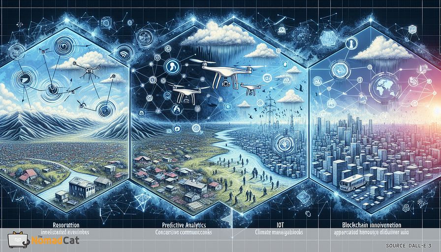 Envision an abstract graphic art that encapsulates the collaboration of technology and disaster management in a world increasingly vulnerable to crises. Draw a central scene divided into four sections, each symbolizing a different technological solution in disaster response. The first part, depict unmanned aerial vehicles soaring over a diverse landscape of an impacted area, their cool blue lights scanning the underlaid terrain. Beside it, conceptualize mobile electronics creating a network, representing instant communication links between survivors and rescuers, with abstract logos denoting conversations and aid moving through this network. The third segment should show AI and IoT implements as advanced, abstract structures, their shapes merging with predictive analytics charts and climate monitoring symbols, enveloped in a futuristic, digital blue illumination. The last part is allotted for blockchain innovation, represented by interconnected cubes forming a visible, secure web that apportions aid, with digital sequences moving among the connects. At the core of the picture, join these sections with a symbol of joint effort - consider interlocked cogs or hands touching, personifying the blend of human empathy and tech advancement in disaster encounters. The overall color perspective should accentuate different hues of blue, hinting at both the reliance on technological aids and the optimism it infuses into disaster rescue operations.
