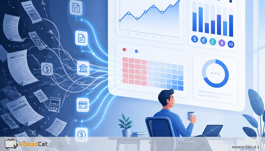Abstract editorial illustration in calming blue tones: a freelance tech professional seated peacefully in a minimalist home office, surrounded by a clean floating financial dashboard instead of overwhelming spreadsheets. Visualize a smooth cash-flow line chart, a subtle multi-currency income bar chart, a small red-to-blue late-payment heatmap, and a circular “3 months buffer” gauge. Transform chaotic paper receipts, spreadsheet cells, invoice icons, and tangled payment streams into orderly luminous data paths flowing into the dashboard. Convey the emotional transition from financial stress and confusion on the left to clarity, control, and calm on the right. Modern flat-meets-isometric design, elegant geometric shapes, soft gradients, navy, cobalt, cyan, and pale blue palette with restrained coral-red warning accents, lots of negative space, polished fintech editorial style, no readable text, no logos, no watermark.