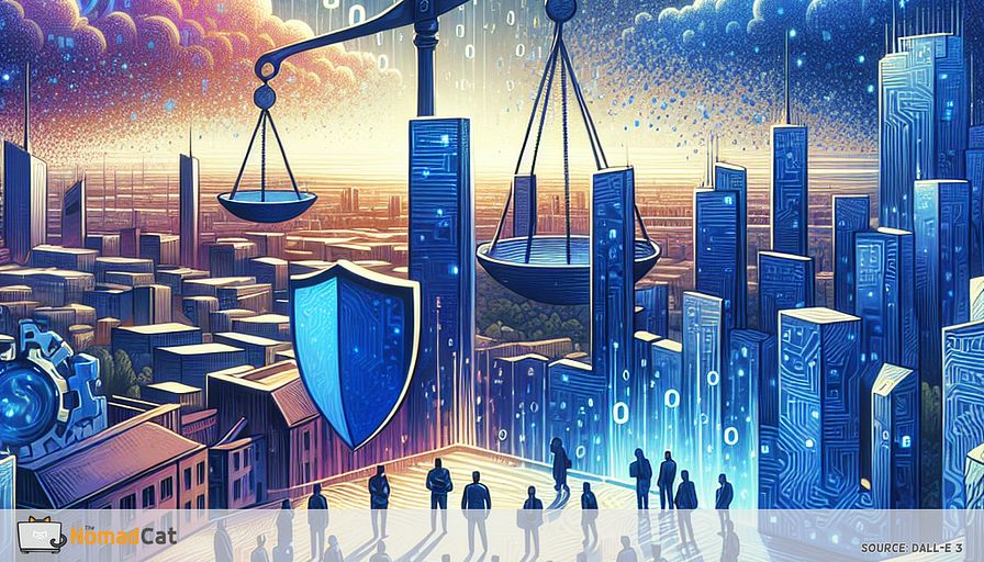 Create an abstract illustration depicting the dynamic landscape of European startups, where innovation and security converge. Imagine a sprawling cityscape constructed from digital blueprints, with towering structures made of circuit patterns and data streams. In the foreground, a group of diverse entrepreneurs, portrayed as silhouettes in various shades of blue, are collaboratively building a fortress from these digital elements. The fortress is both sturdy and flexible, featuring shifting walls to symbolize adaptive security measures. Above them, a vast sky filled with swirling clouds of code and binary numbers evolves, representing the ever-changing cybersecurity threats. In the distance, towering over the city, is a giant scale balancing a glowing light bulb, symbolizing innovation, and a shield, symbolizing security. This balance underscores the theme of maintaining robust defenses while fostering growth and creativity in the European startup ecosystem.
