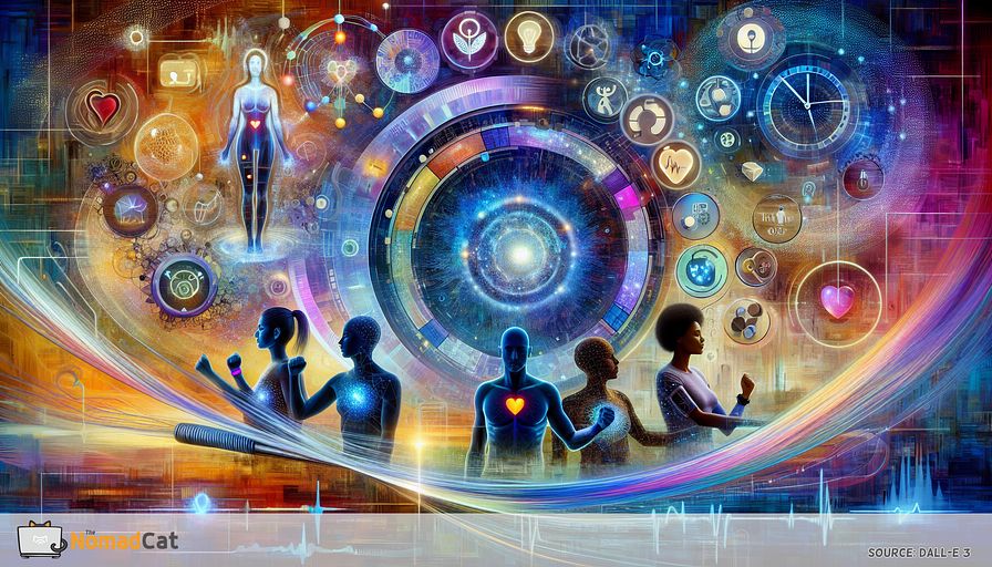 Envision an abstract portrayal that embodies the forthcoming advancements in health surveillance via wearable gadgets. In this scene of innovation and tranquility, diversely depicted human figures - a middle-eastern woman, a south-asian man, and a black woman, all bond through spectral, digital filaments symbolizing fitness bracelets and intelligent timepieces. These interwoven threads beckon with data flows, binding with emblems of heartbeats, step numbers, and sleep cycles, maturing into avant-garde AI-operated tools that foresee and adjust to individual health needs. The backdrop is to be a harmonic blend of digital and organic components, illustrating the seamless incorporation of tech into our routine lives and its contribution to personal well-being and preventive treatment. Strive for a vibrant and serene representation of how such implements become an extension of us, leading us towards healthier lifestyles with precision and personalized understandings.