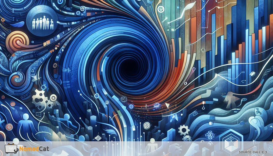 Create an abstract illustration that embodies the dynamic and resilient nature of European startups as they transform challenges into opportunities. The scene is dominated by a swirling vortex of blue tones, symbolizing the resource constraints faced by startups, such as limited funding, talent, and infrastructure. Emerging from this vortex are vibrant, geometric shapes and lines in contrasting colors, representing innovative solutions and strategic collaborations. Interspersed within the design are abstract representations of financial strategies, such as coins and graphs, and elements suggesting talent and infrastructure, like stylized human figures and network patterns. The composition conveys a sense of movement and growth, illustrating how these startups navigate obstacles and harness regional ecosystems to thrive in a competitive market.