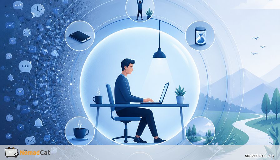 Abstract editorial illustration in calming blue tones: a solo tech professional at a minimalist desk, shown in profile, working on a laptop within a soft circular “focus bubble.” Outside the bubble, floating notification icons, chat pings, emails, clocks, and digital noise dissolve into muted particles. Around the worker are small symbolic micro-boundaries: a phone switched face-down, a tiny timer, a stretching silhouette, a coffee cup, a closed laptop moment, and a short path leading to fresh air. Thin layered rings around the workspace represent macro-boundaries and flexible micro-boundaries working together. Clean geometric shapes, lots of negative space, subtle gradients of navy, cobalt, cyan, and pale blue, modern tech-minimalist aesthetic, calm, balanced, thoughtful, premium magazine illustration, no text, no logos.