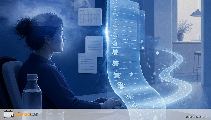 Abstract editorial illustration in cool blue tones: a modern desk worker seen in profile at the exact moment a video meeting ends, surrounded by fading floating windows, tabs, and calendar blocks. A thin luminous “seam” opens in the quiet space between two work blocks, transforming into a translucent financial ledger or invoice made of glowing lines, subtle snack icons, water droplets, coffee cup symbols, and attention fragments. The person’s focused work-state dissolves into soft fog around the head, while a faint magnetic path curves toward a distant kitchen doorway. Visual metaphor of “bite debt” accumulating invisibly throughout a long desk day, then billing the body at a transition. Include a small calm still-life of water and a simple chewable snack near the keyboard as the practical solution. Minimalist, sophisticated magazine illustration, layered paper-cut textures, gentle gradients, lots of negative space, cobalt, navy, icy cyan and muted white, no readable text, no logos, no medical imagery.