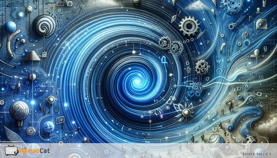Create an abstract illustration that captures the essence of micro-credentials as a transformative tool for startup success in the tech industry. The scene should feature a dynamic, swirling blue vortex at the center, symbolizing the fast-paced, ever-evolving nature of technology. Within this vortex, depict various symbols of innovation and learning, such as gears, lightbulbs, and digital interfaces, all interconnected and flowing seamlessly. Surrounding the vortex are abstract representations of diverse teams collaborating—figures with different skill sets, depicted as intertwining blue and silver threads, illustrating cross-disciplinary synergy. This image should convey a sense of agility, adaptability, and creative problem-solving, emphasizing how micro-credentials empower startups to turn challenges into opportunities for growth and innovation.