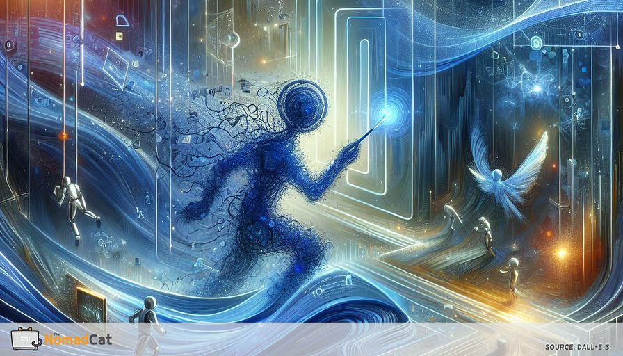 Create an abstract illustration that embodies the transformative power of artificial intelligence in gaming. Visualize a futuristic gaming landscape where AI is depicted as a dynamic, blue-toned entity weaving through a digital world. The scene should capture the essence of personalized adventures, with AI threads intertwining with various game elements—adjusting difficulty levels, crafting unique storylines, and interacting with players in real-time. Incorporate hints of virtual reality and augmented reality dimensions, represented by ethereal, holographic layers that shift and adapt to player movements. The overall mood should be one of innovation and immersion, with abstract shapes and patterns symbolizing the complex algorithms and data streams that drive this personalized gaming revolution.