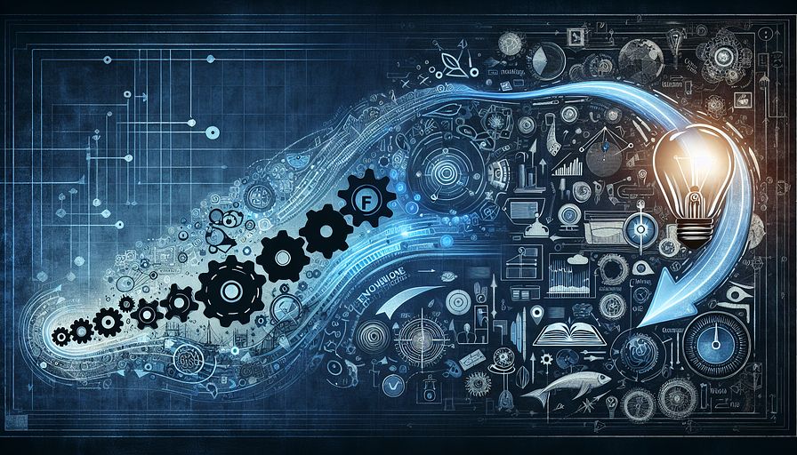 Craft an abstract depiction portraying the transition from an engineer, identified by typical engineering tools like gears and diagrams, to a Chief Technology Officer, represented by symbols like a compass indicating strategic direction, a book for deep industry knowledge, and a light bulb for driving innovation. The imagery should change fluidly, using different shades of blue to symbolize continuous learning, adaptation, and empowering others in a cohesive, high-performance team environment. This should visually express abstractly the professional evolution and growth within the technology sector.