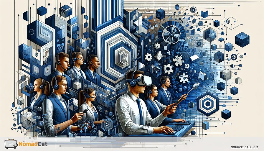 Depict an abstract design in varied shades of blue, showcasing a group of engineering and technology experts. Include both male and female professionals from different descents such as Caucasian, Hispanic, Black, and Middle-Eastern. They should be equipped with virtual reality headsets, actively partaking in a team training session within an immersive digital realm. This virtual reality space is filled with floating puzzle pieces and complex 3D shapes, symbolizing tasks and hurdles they must collaboratively resolve. The seamless transition from their real-world locations into this virtual space should symbolize the elimination of geographical barriers. Incorporate visual elements that subtly hint at the oversight of superior figures, like high-level technology and engineering leaders operating from a futuristic control room, suggesting their instrumental role in promoting innovation and teamwork within the group. The final image should reflect a sense of risk-free learning, skill growth, and strengthened team unity in the sphere of technology, with an implication of a progressive approach towards professional growth.