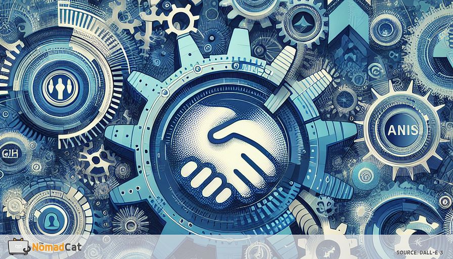 Create an abstract illustration that embodies the concept of "Turning Compliance into a Competitive Advantage for Startups in Europe." Imagine a dynamic tapestry of interconnected blue gears and digital symbols representing regulations like GDPR, the NIS Directive, and the ePrivacy Regulation. These gears, in various shades of blue, rotate in unison, symbolizing the seamless integration of compliance into startup operations. Interspersed among the gears are abstract representations of trust and growth, such as stylized hands shaking and upward arrows. The background features a map of Europe outlined in subtle blue tones, highlighting the regional focus. This illustration should convey a sense of movement and progress, capturing the idea that mastering compliance can drive business success and innovation in the European digital landscape.