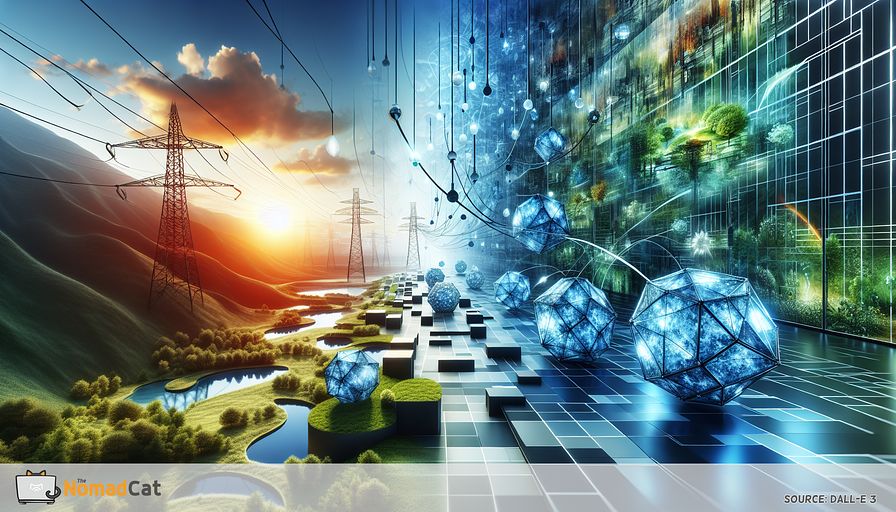 Create an image which conveys the abstract notion of future energy storage as a vigorous network of interconnected, blue-tinted, crystalline formations, each symbolizing leading-edge technologies. These formations are set in a setting that changes gradually from classic energy grid systems on one side to a vibrant, green landscape powered by renewable energy on the other. Throughout this complex design, incorporate understated elements indicating stability and fortitude, such as uniformly distanced anchors or foundational stones, and efficiency, visualized through smooth, streamlined passages linking the formations. The ambiance should radiate an idea of progress, eco-friendly practices, and fluid incorporation of renewable sources into the energy grid, accentuating a crucial transition towards a more eco-friendly and proficient energy landscape.