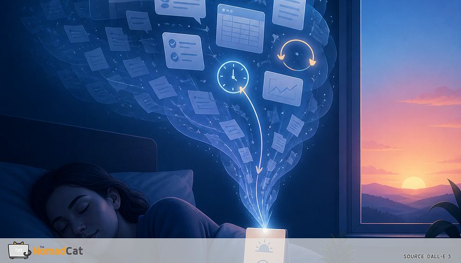 Abstract editorial illustration in cool blue tones: a serene person asleep in bed at night, while above their head floats a translucent “brain cache” made of glowing browser tabs, Slack-style message bubbles, tickets, document pages, dashboard fragments, and looping arrows. Most of the work fragments are fading into soft blue mist as they are neatly funneled into one small bedside note labeled with simple visual symbols: “tomorrow,” a clock, and a checkmark. A few remaining open loops glow amber-blue, suggesting unresolved mental activity, while a clear scheduled pointer gently closes them. In the background, a dark midnight room transitions into a calm dawn gradient, conveying relief from work rumination and auto-resume anxiety. Minimal, sophisticated vector-meets-surrealism style, clean composition, soft cinematic lighting, no readable text, no logos, no clutter.