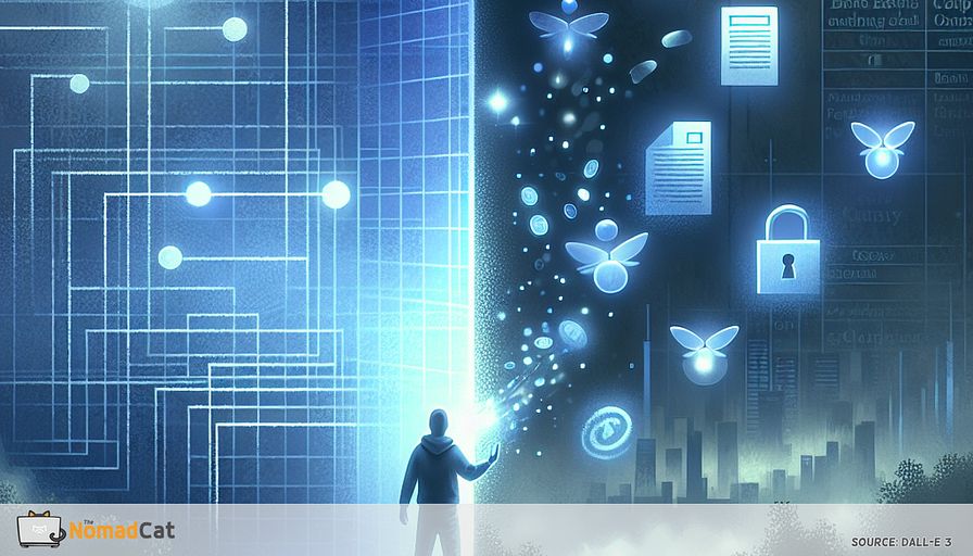 An abstract illustration in cool blue tones visualizing the journey of a tech worker resisting the magnetic pull of coding and instead testing ideas with "invisible MVPs." Show a human figure standing at the edge of a glowing, orderly grid representing code, tempted but pausing, while a misty, fog-like space symbolizes the uncertainty of market research. Floating translucent forms—symbolizing "fake door" pages, handwritten notes, and manual service—hover between the figure and the fog, radiating gentle blue light. In the background, abstract shapes evoke legal boundaries and contracts, with faint lines separating personal and company spaces. Scatter subtle signals—tiny blue sparks—showing real user feedback, emails, or coins materializing from the mist, guiding the figure toward clarity and away from wasted effort. The overall mood is contemplative, minimalist, and protective of personal time and energy.