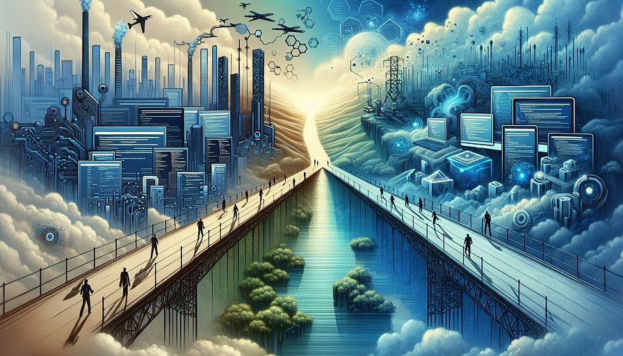 Create an abstract image that signifies the transformative impact of a new coding framework in cross-platform development, emphasizing its unifying effect across all platforms of a particular tech company. The predominance of blue hues in the image should depict the evolution of this technology. The image should feature a bridge, connecting two unique landscapes. The first landscape symbolizes the conventional, divided development environment, illustrated by intricate structures and a disordered environment, corresponding to the challenges of historical coding methods. The other landscape represents the smooth, contemporary, and unified world brought forth by the new framework. It's characterized by sleek shapes, organized elements, and peaceful surroundings, mirroring the ease, productivity, and consistency it introduces to software development. Inclusion of symbolic imagery, such as non-specific technology leaders like heads of technology and tech directors, guiding their teams over the bridge, underlines their vital role in facilitating the transition to the new framework, promoting novelty, and streamlining processes to preserve a competitive advantage in the tech industry.